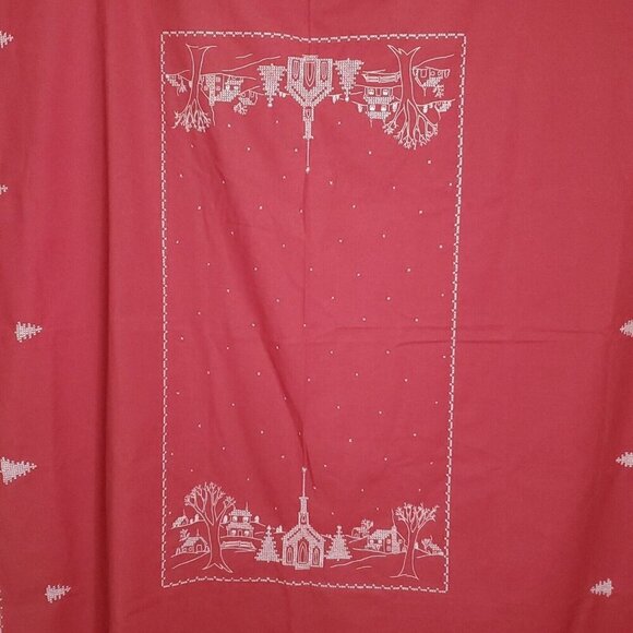 Vintage Cross Stitch Tablecloth Church Village Scene Christmas Trees Red White - Picture 2 of 4